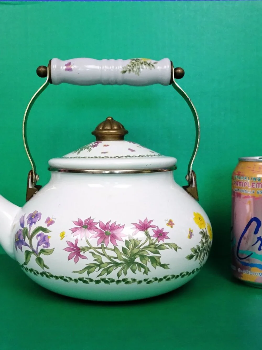 Vintage Lincoware Flowers Butterflies Enamel on Metal Tea Pot Kettle Farmhouse